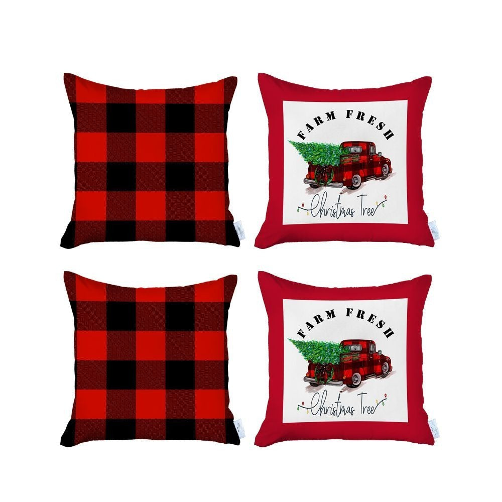 Set of Four Red and Black Christmas Christmas Tree Throw Pillow Cover-3