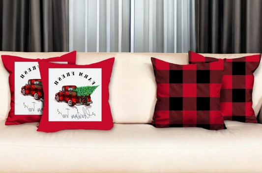 Set of Four Red and Black Christmas Christmas Tree Throw Pillow Cover-0
