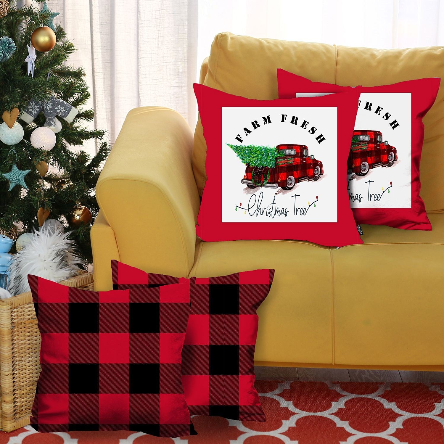 Set of Four Red and Black Christmas Christmas Tree Throw Pillow Cover-5