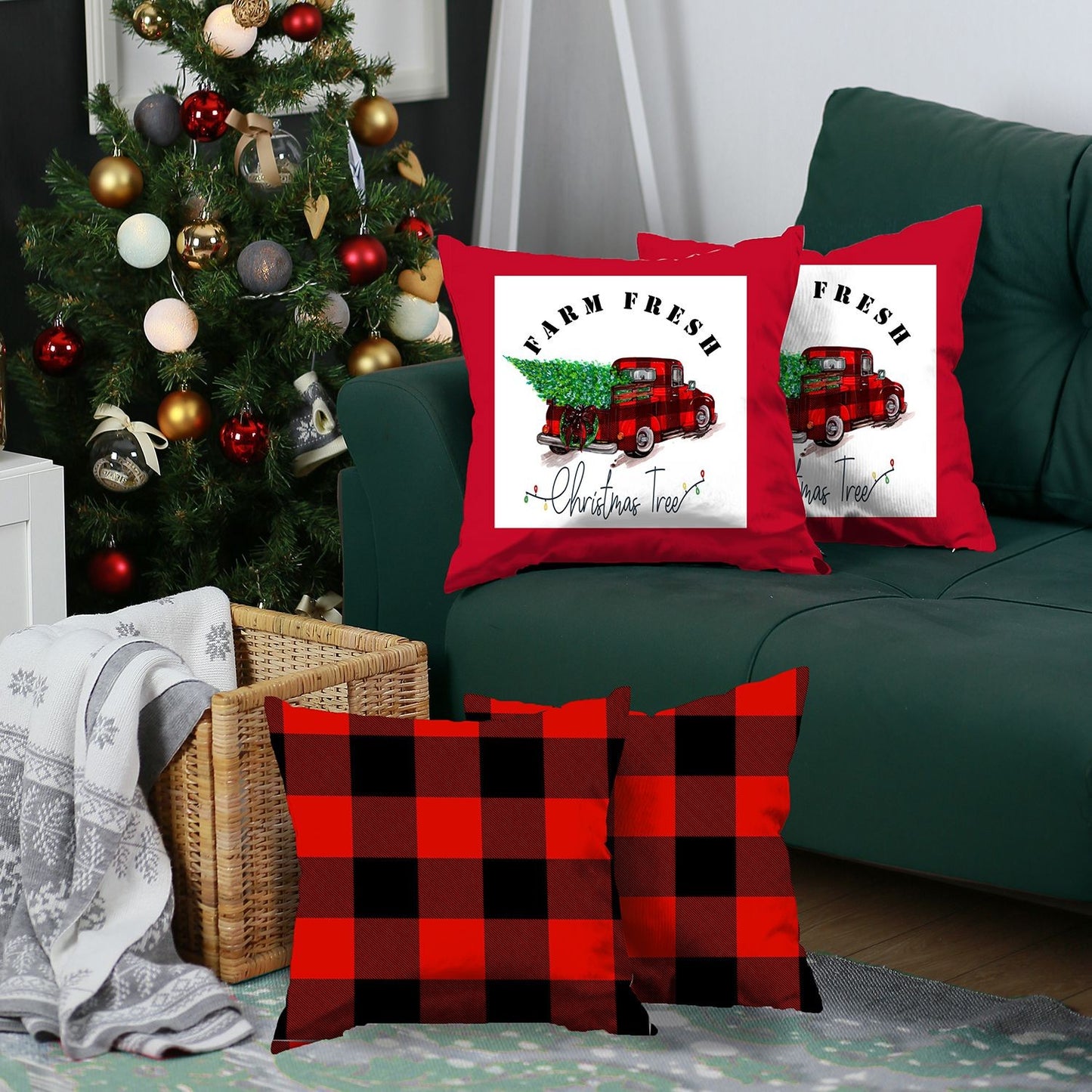 Set of Four Red and Black Christmas Christmas Tree Throw Pillow Cover-6